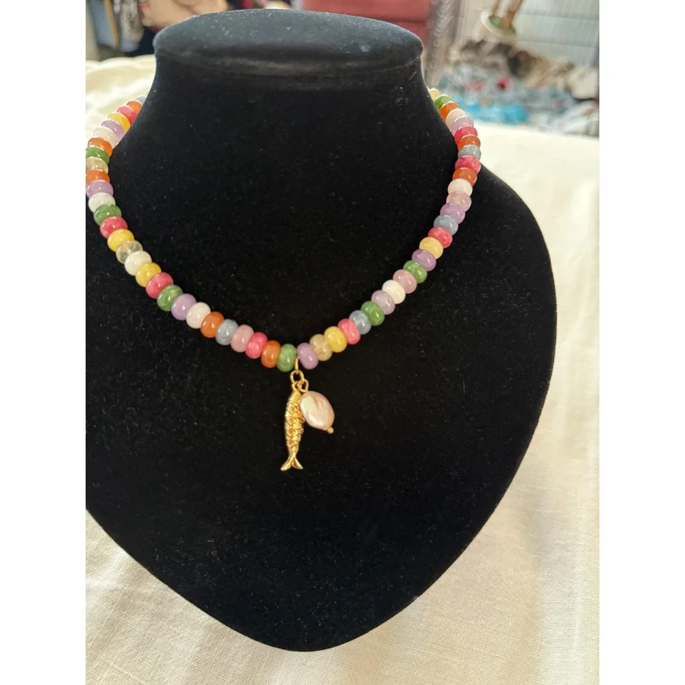 Elan Rainbow Beaded Fish Necklace Sardine Girl Coastal Jewelry